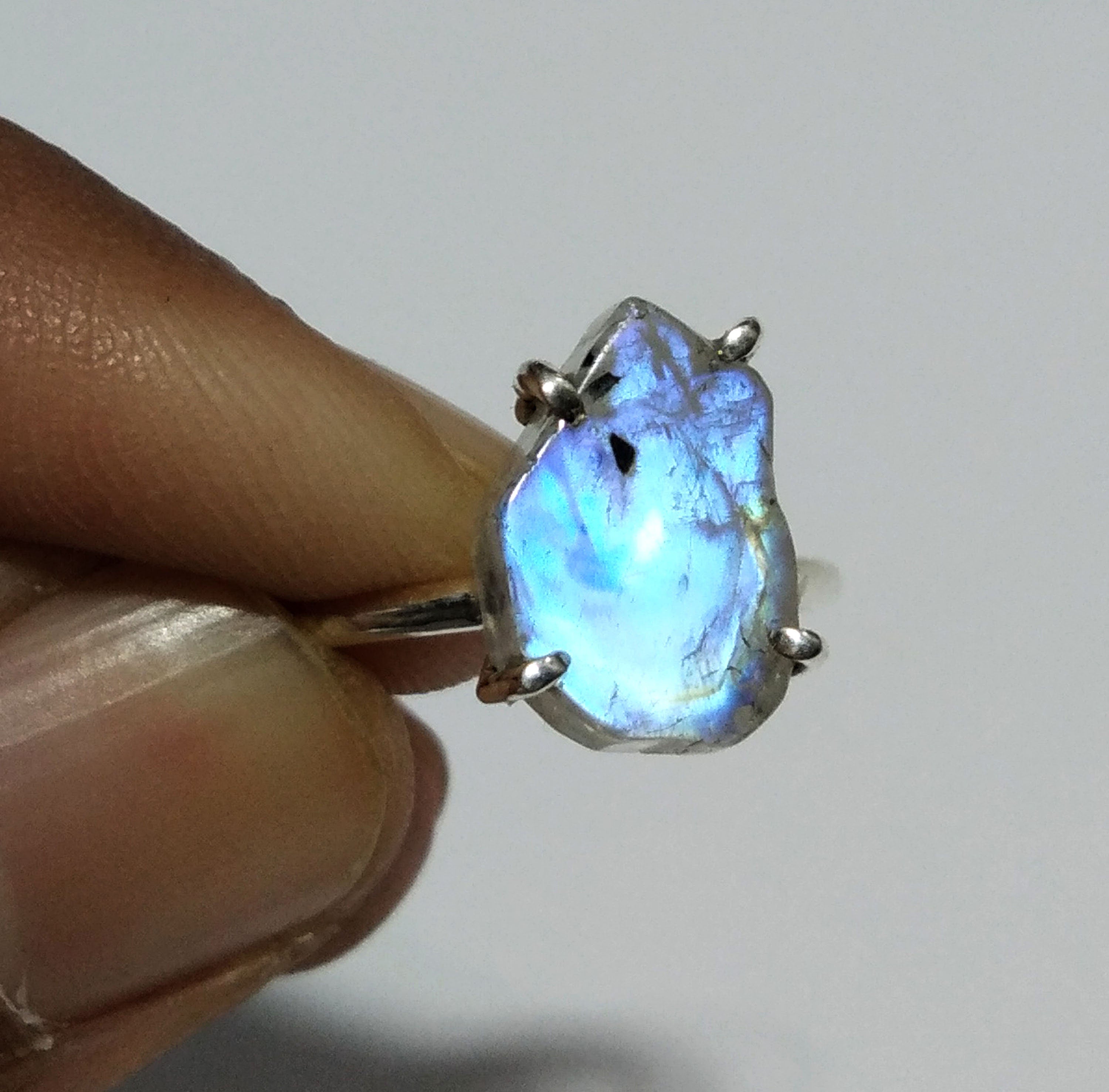 Natural Raw Rainbow Moonstone Rough Stone Ring, Solid 925 Sterling Silver Ring, Moonstone Stone Size 13x8mm Handmade Ring Gift Birthday Ring